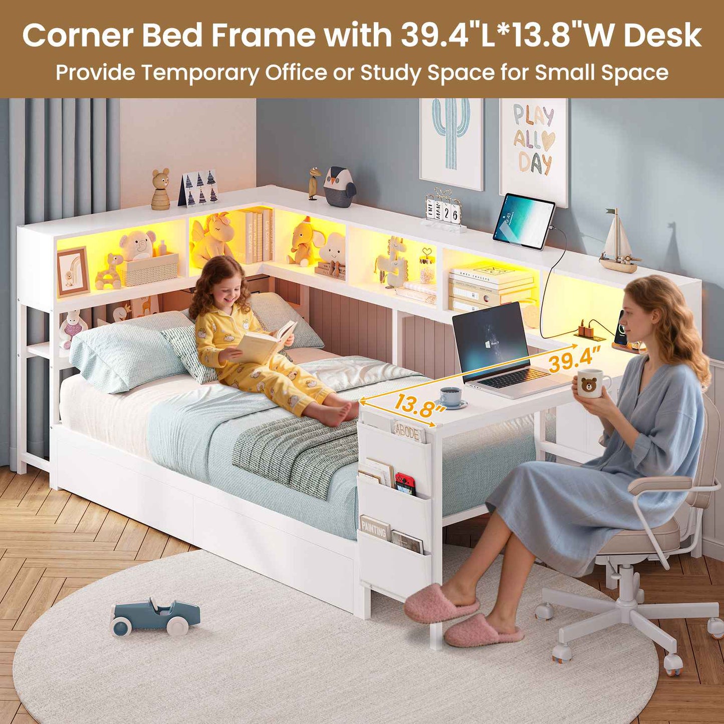 Hasuit | Twin Corner Bed with Desk and Storage Bookcase Daybed with Charging Station and LED Light Modern Teenagers Bedframe