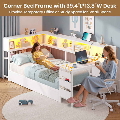 Hasuit | Twin Corner Bed with Desk and Storage Bookcase Daybed with Charging Station and LED Light Modern Teenagers Bedframe