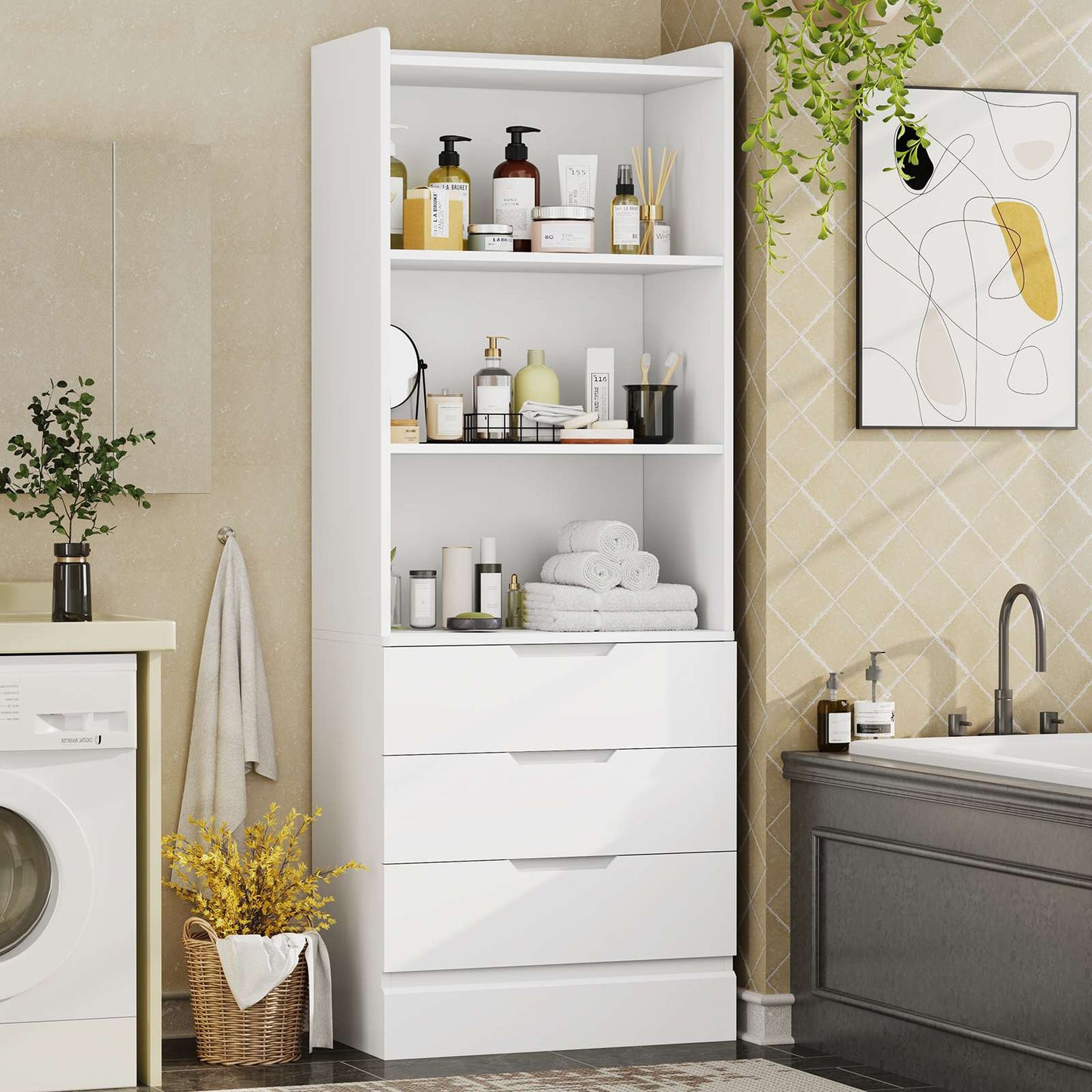 Hasuit | 73 Inch Bookshelf with Drawers Tall Bookcase with 3 Drawers and 3 Open Shelves Wood Bookshelf with Anti-Tipping Kits