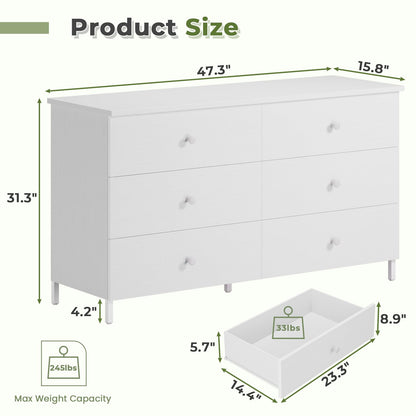 Hasuit | 47.3 Inch Double Dresser Wooden Dressers with Heavy Sturdy Steel Frame Large Capacity Storage Chest of 6 Drawers