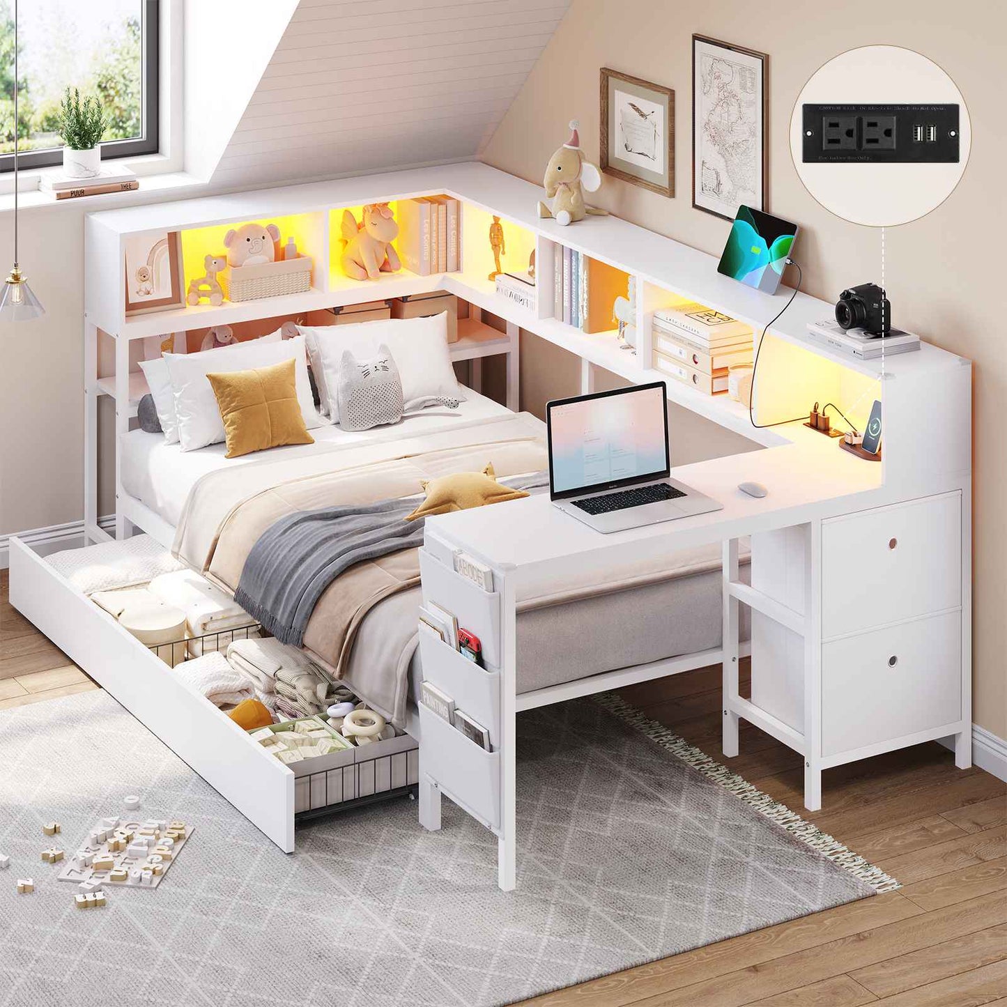 Hasuit | Twin Corner Bed with Desk and Storage Bookcase Daybed with Charging Station and LED Light Modern Teenagers Bedframe