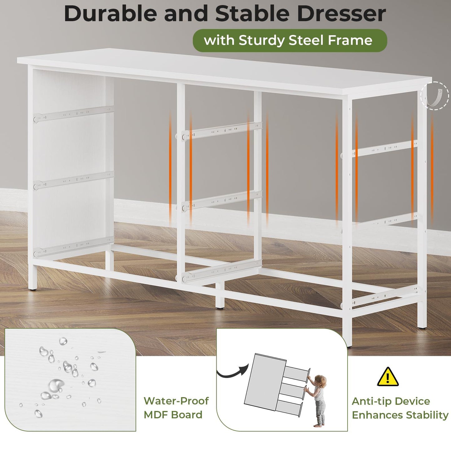 Hasuit | 47.3 Inch Double Dresser Wooden Dressers with Heavy Sturdy Steel Frame Large Capacity Storage Chest of 6 Drawers