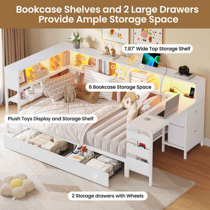 Hasuit | Twin Corner Bed with Desk and Storage Bookcase Daybed with Charging Station and LED Light Modern Teenagers Bedframe