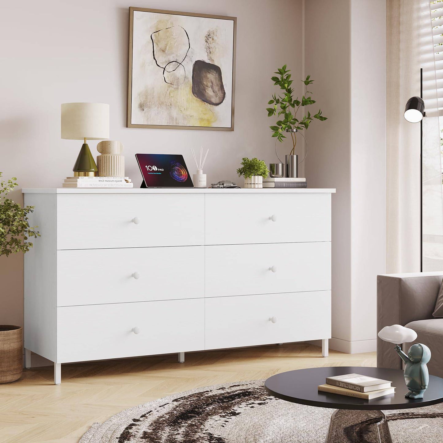 Hasuit | 47.3 Inch Double Dresser Wooden Dressers with Heavy Sturdy Steel Frame Large Capacity Storage Chest of 6 Drawers