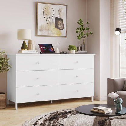 Hasuit | 47.3 Inch Double Dresser Wooden Dressers with Heavy Sturdy Steel Frame Large Capacity Storage Chest of 6 Drawers