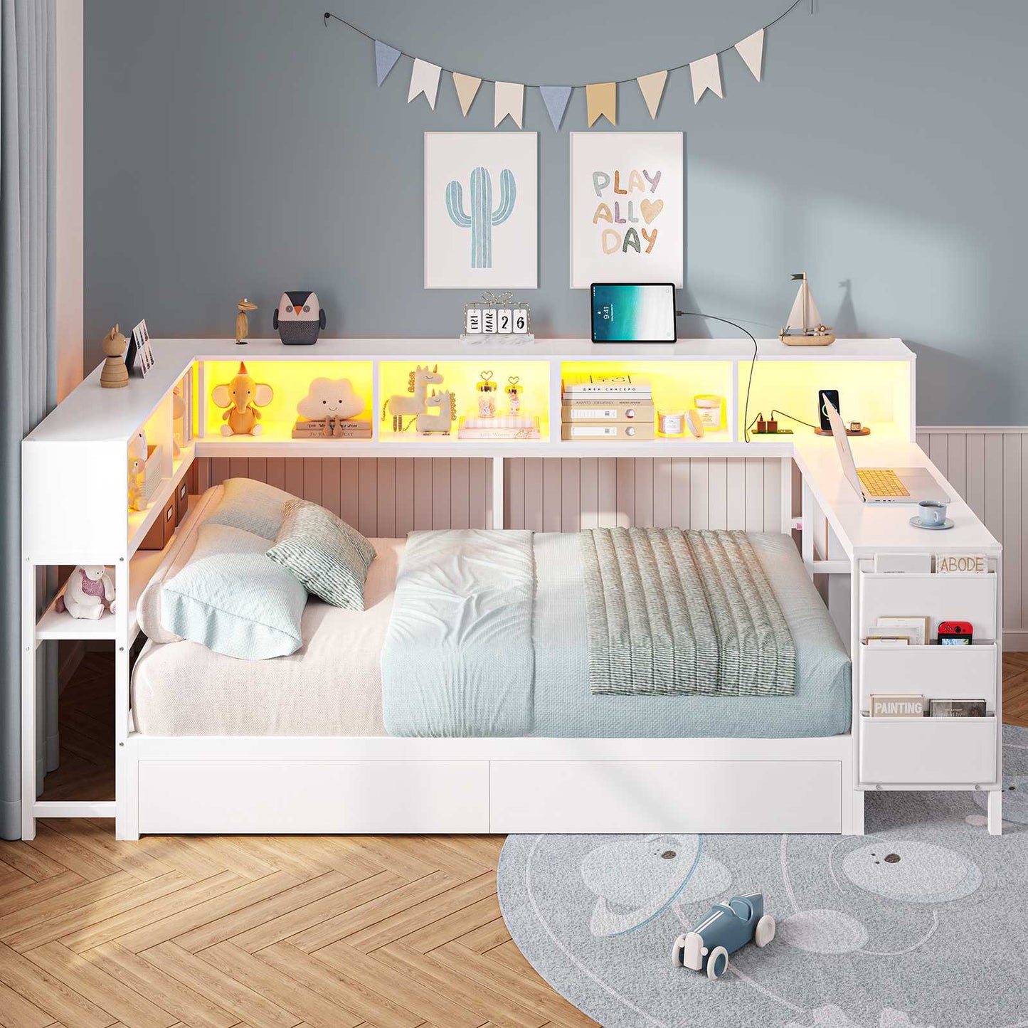 Hasuit | Twin Corner Bed with Desk and Storage Bookcase Daybed with Charging Station and LED Light Modern Teenagers Bedframe