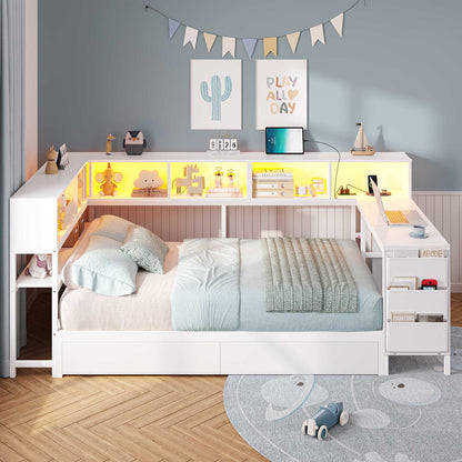 Hasuit | Twin Corner Bed with Desk and Storage Bookcase Daybed with Charging Station and LED Light Modern Teenagers Bedframe