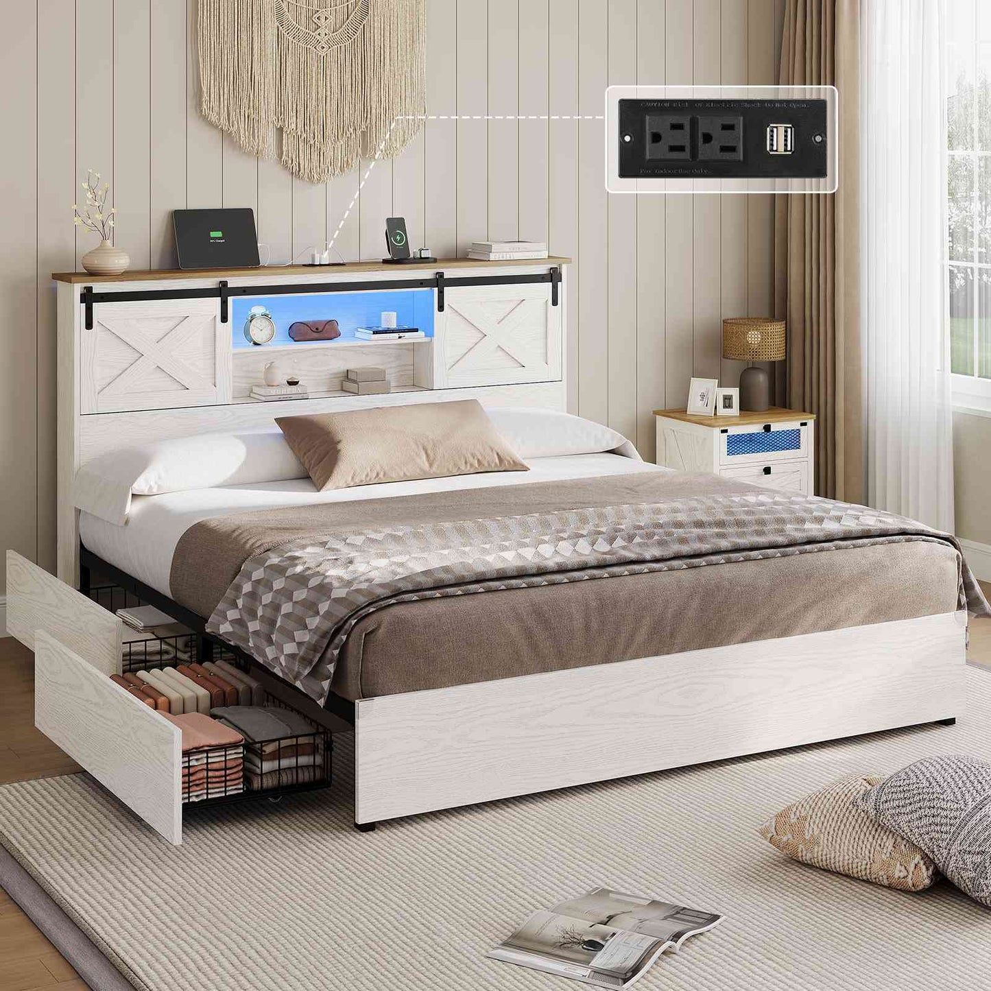 Hasuit | Farmhouse Bed Frame with 4 Storage Drawers Wooden Platform Rustic Beds with Charging Station and LED Lights
