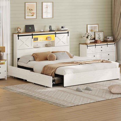 Hasuit | Farmhouse Bed Frame with 4 Storage Drawers Wooden Platform Rustic Beds with Charging Station and LED Lights