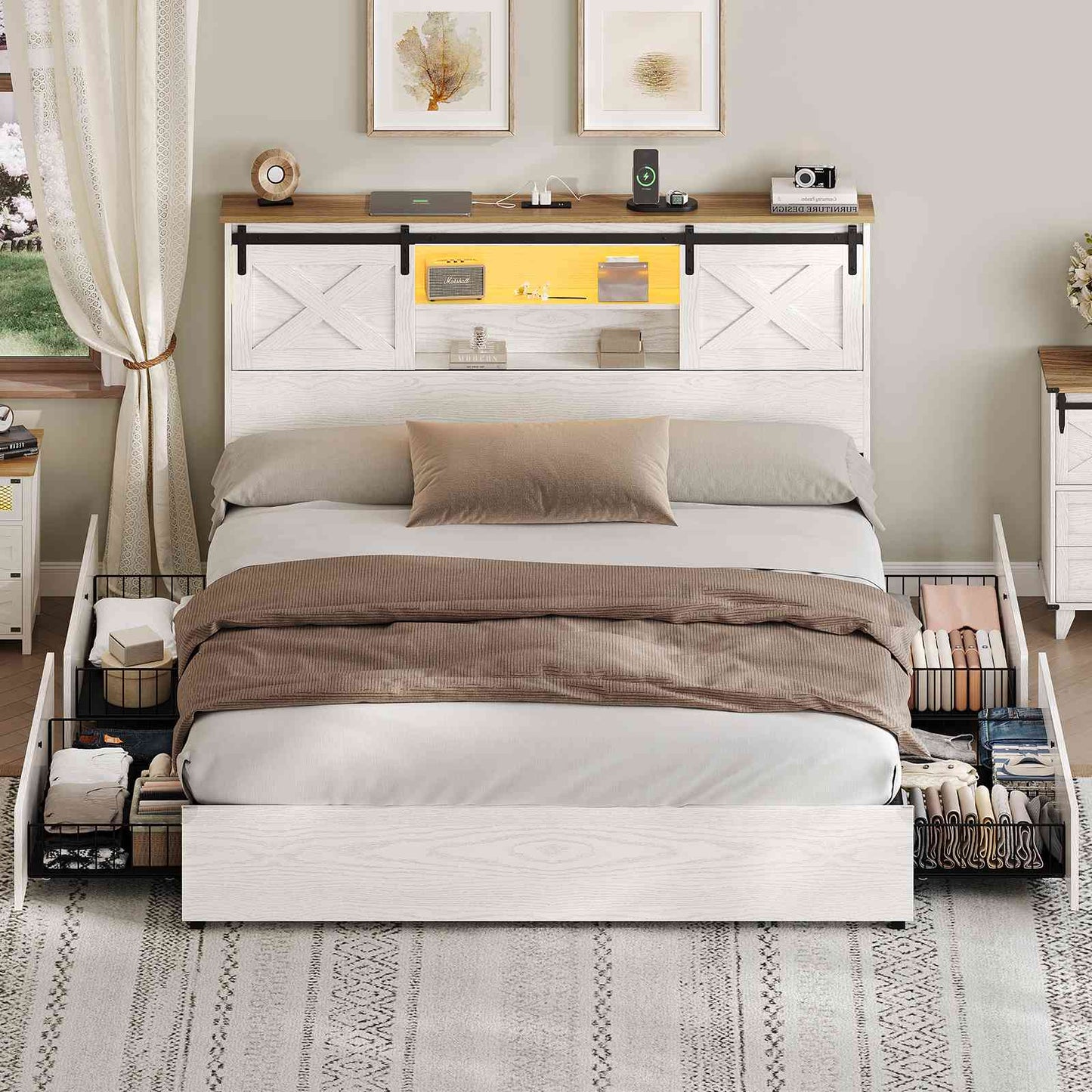 Hasuit | Farmhouse Bed Frame with 4 Storage Drawers Wooden Platform Rustic Beds with Charging Station and LED Lights