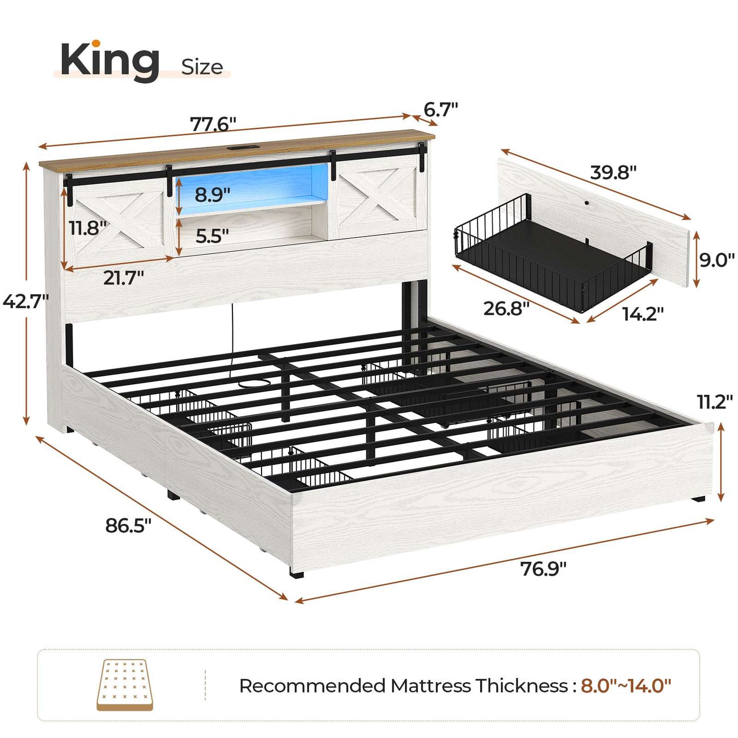 Hasuit | Farmhouse Bed Frame with 4 Storage Drawers Wooden Platform Rustic Beds with Charging Station and LED Lights