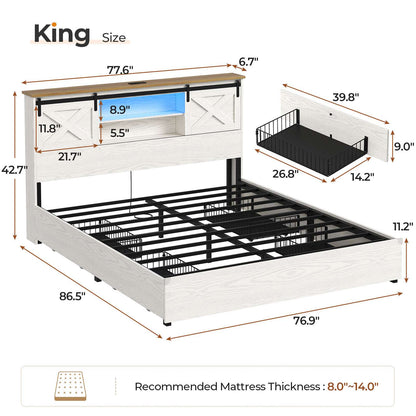 Hasuit | Farmhouse Bed Frame with 4 Storage Drawers Wooden Platform Rustic Beds with Charging Station and LED Lights