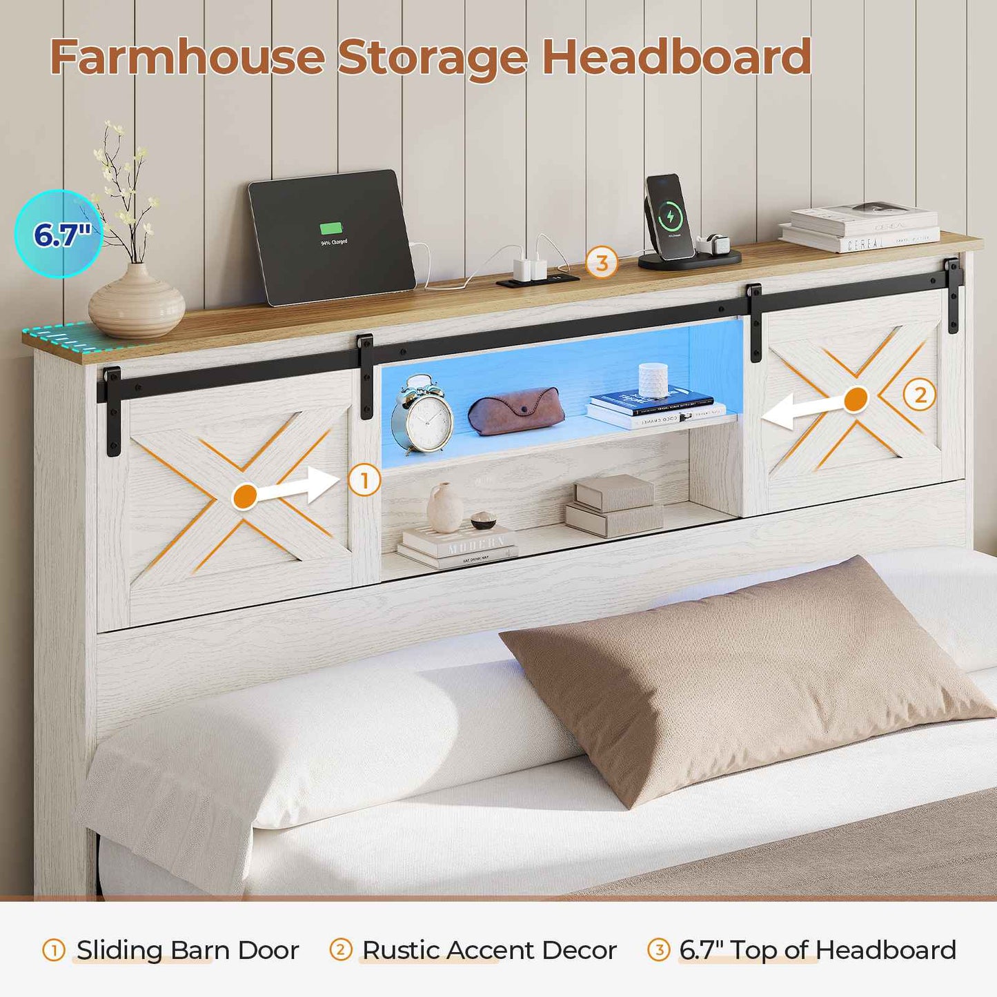 Hasuit | Farmhouse Bed Frame with 4 Storage Drawers Wooden Platform Rustic Beds with Charging Station and LED Lights