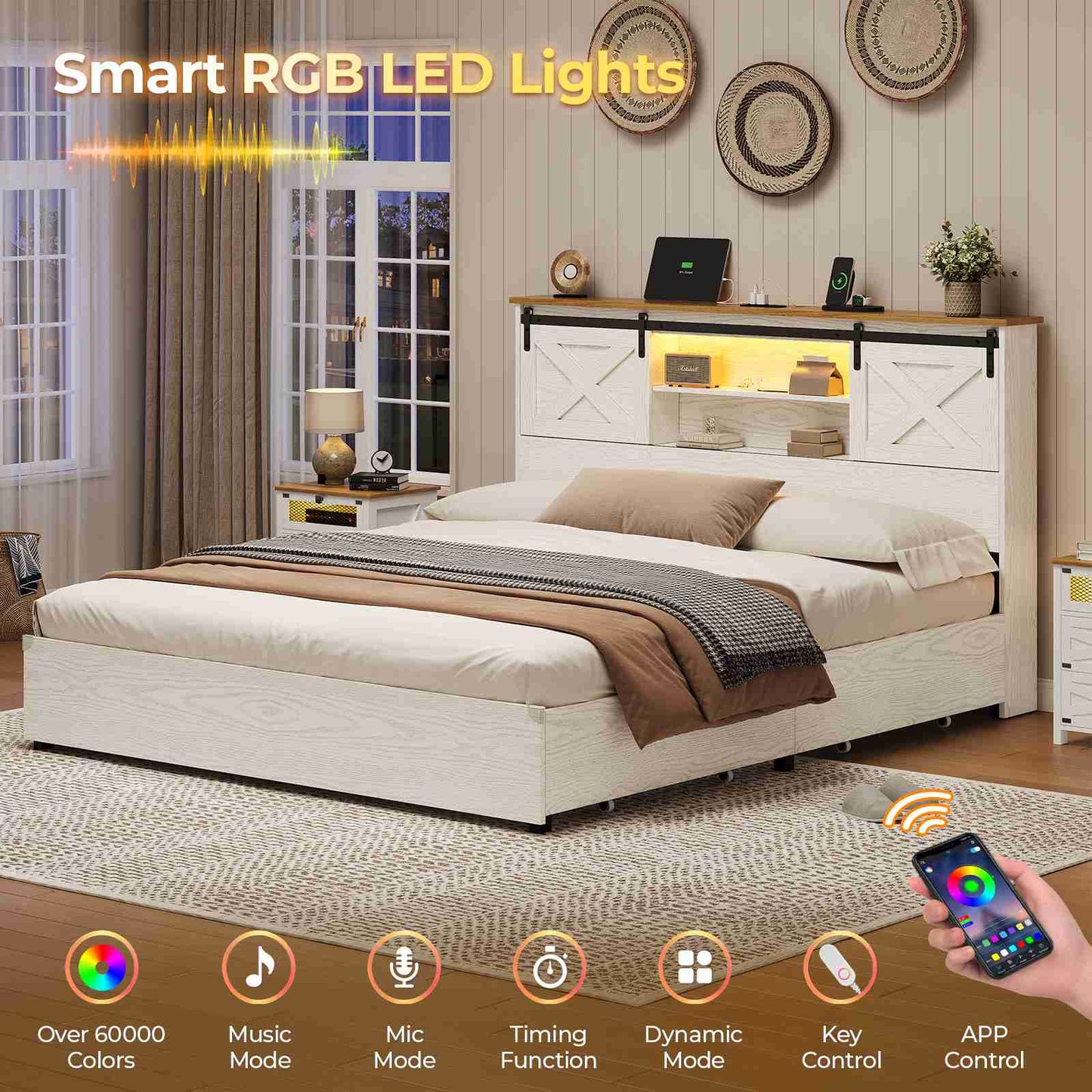 Hasuit | Farmhouse Bed Frame with 4 Storage Drawers Wooden Platform Rustic Beds with Charging Station and LED Lights