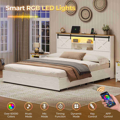 Hasuit | Farmhouse Bed Frame with 4 Storage Drawers Wooden Platform Rustic Beds with Charging Station and LED Lights