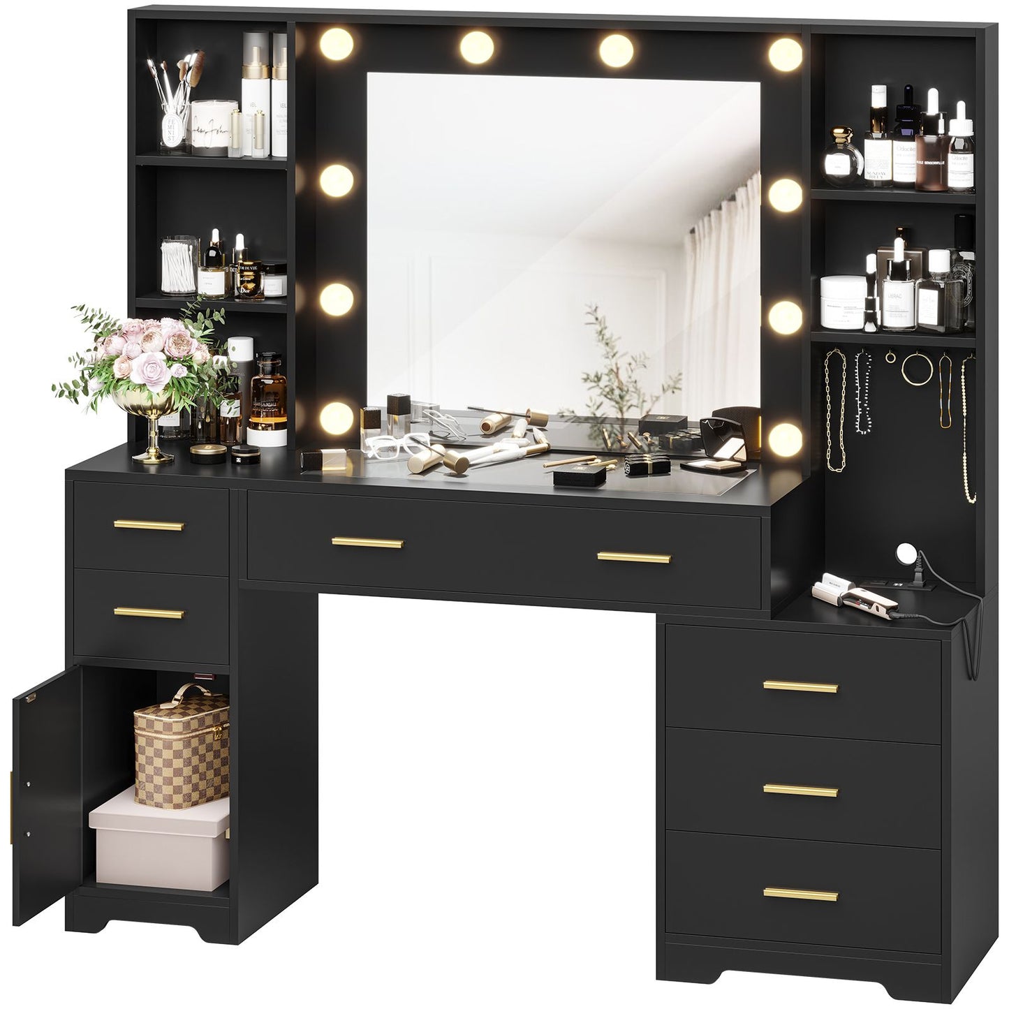 Hasuit | 48.8 Inch Large Vanity Desk with Lighted Mirror & Power Outlet White Makeup Vanity Table with 6 Drawers 4 Shelves and 1 Storage Cabinet