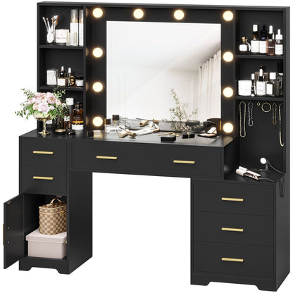 Hasuit | 48.8 Inch Large Vanity Desk with Lighted Mirror & Power Outlet White Makeup Vanity Table with 6 Drawers 4 Shelves and 1 Storage Cabinet