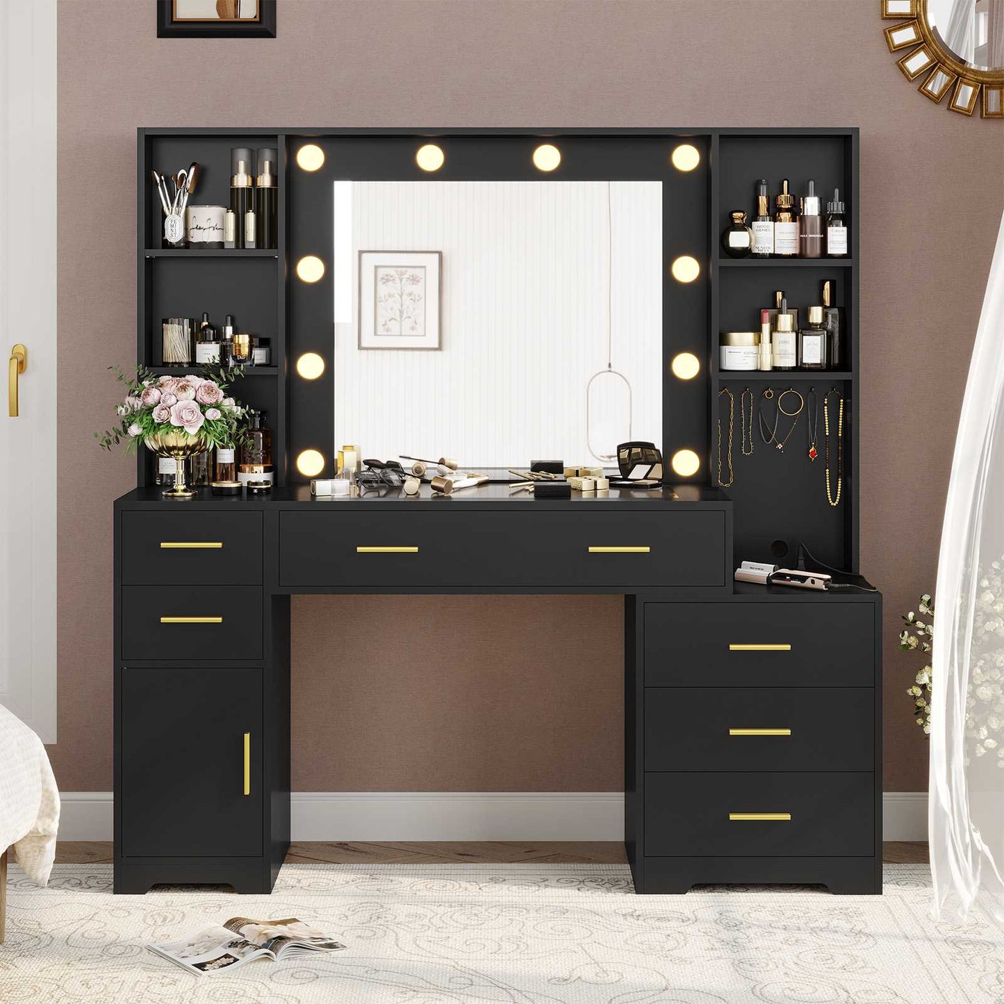Hasuit | 48.8 Inch Large Vanity Desk with Lighted Mirror & Power Outlet White Makeup Vanity Table with 6 Drawers 4 Shelves and 1 Storage Cabinet
