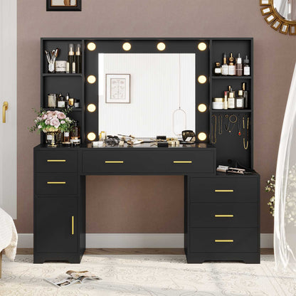Hasuit | 48.8 Inch Large Vanity Desk with Lighted Mirror & Power Outlet White Makeup Vanity Table with 6 Drawers 4 Shelves and 1 Storage Cabinet