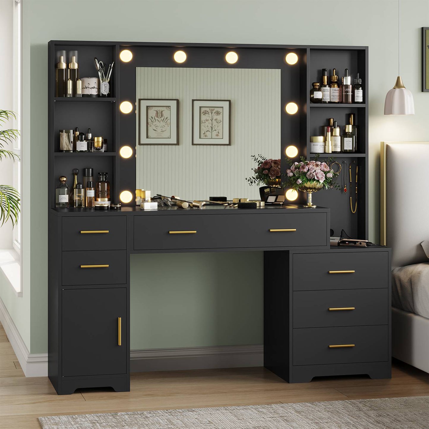 Hasuit | 48.8 Inch Large Vanity Desk with Lighted Mirror & Power Outlet White Makeup Vanity Table with 6 Drawers 4 Shelves and 1 Storage Cabinet