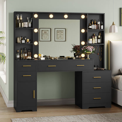 Hasuit | 48.8 Inch Large Vanity Desk with Lighted Mirror & Power Outlet White Makeup Vanity Table with 6 Drawers 4 Shelves and 1 Storage Cabinet
