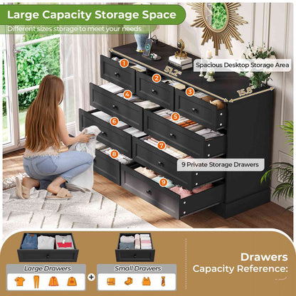 Hasuit | 51.2 Inch Dresser with 9 Drawers Large Farmhouse Drawer Dressers with Charging Station Wooden Storage Tower Organizer for Bedroom White
