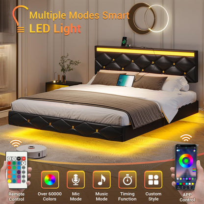 Hasuit | Floating Bed Frame Queen Size with LED Lights and Charging Station Modern Platform Bed with Vegan Leather Upholstered Headboard