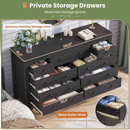 Hasuit | 55.1 Inch Dresser with 9 Drawers Modern Long Dressers with Large Capacity Storage Organizer Cabinet Wide Dresser White