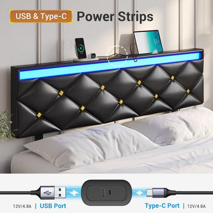 Hasuit | Floating Bed Frame Queen Size with LED Lights and Charging Station Modern Platform Bed with Vegan Leather Upholstered Headboard