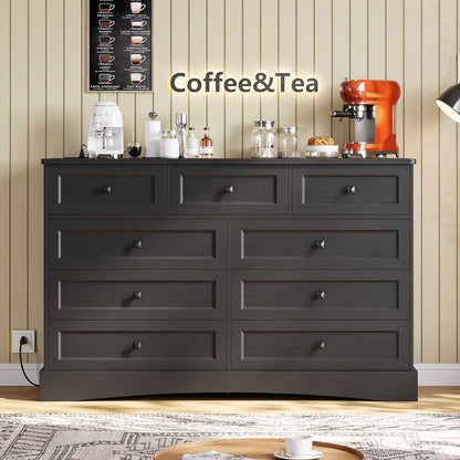 Hasuit | 51.2 Inch Dresser with 9 Drawers Large Farmhouse Drawer Dressers with Charging Station Wooden Storage Tower Organizer for Bedroom White