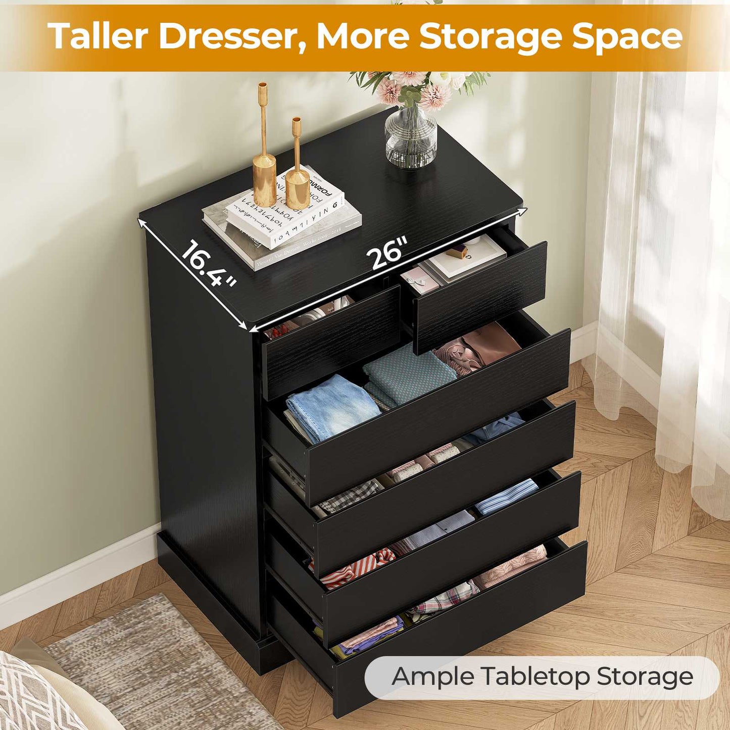 Hasuit | 40 Inch Dresser with 6 Drawer Tall Chest of Drawers Storage Organizer for Closet Modern Clothes Storage Tower