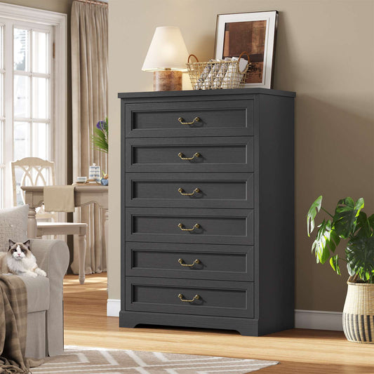 Hasuit | 51.3 Inch Farmhouse 6 Drawers Dresser Tall Wood Dressers Rustic Storage Cabinet Organizer Grey Dresser for Bedroom Hallway