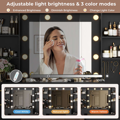 Hasuit | 48.8 Inch Large Vanity Desk with Lighted Mirror & Power Outlet White Makeup Vanity Table with 6 Drawers 4 Shelves and 1 Storage Cabinet