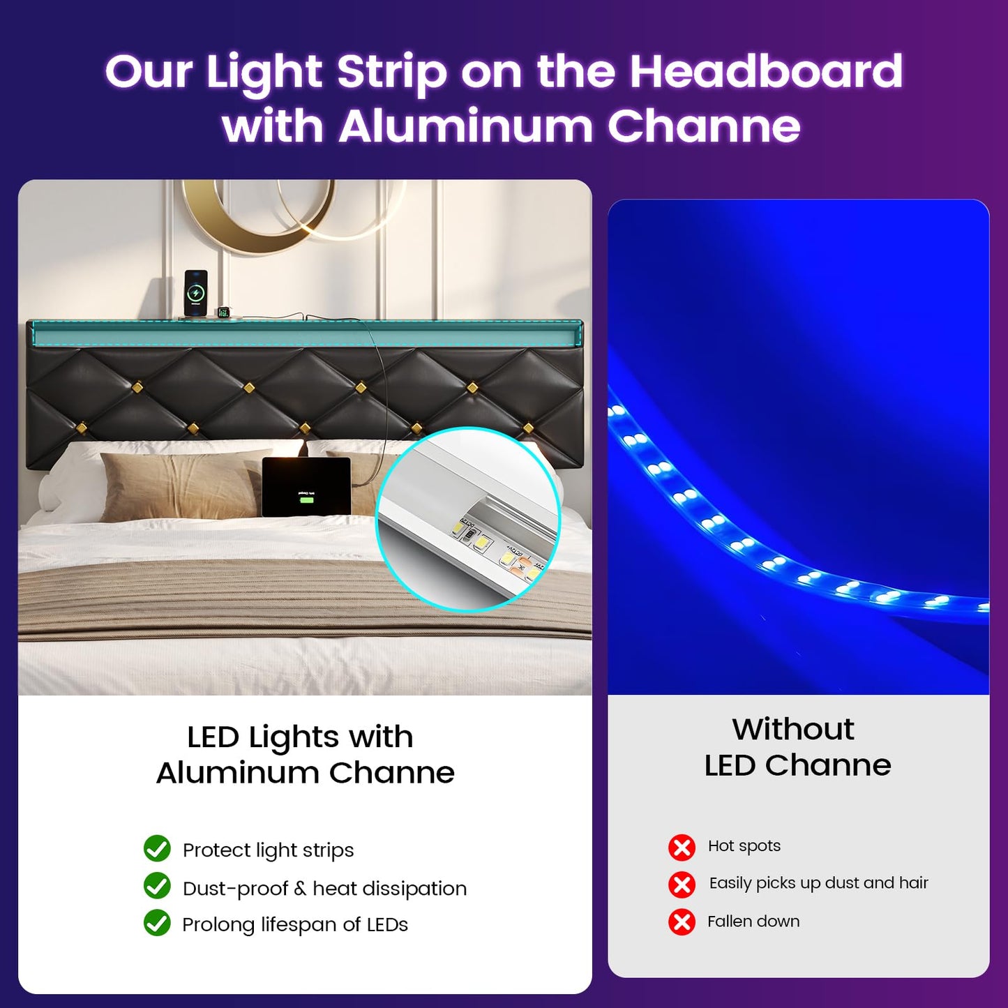 Hasuit | Floating Bed Frame Queen Size with LED Lights and Charging Station Modern Platform Bed with Vegan Leather Upholstered Headboard