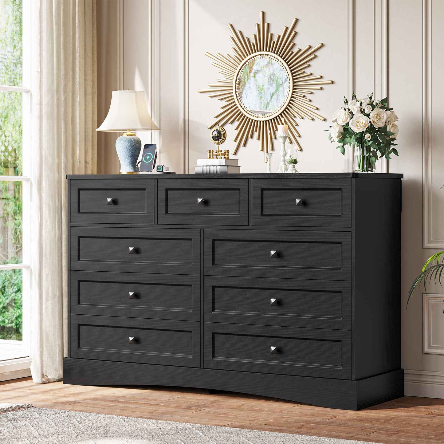Hasuit | 51.2 Inch Dresser with 9 Drawers Large Farmhouse Drawer Dressers with Charging Station Wooden Storage Tower Organizer for Bedroom