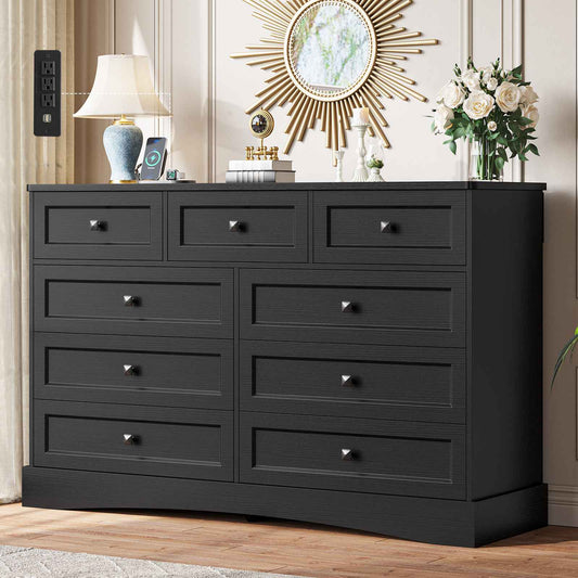 Hasuit | 51.2 Inch Dresser with 9 Drawers Large Farmhouse Drawer Dressers with Charging Station Wooden Storage Tower Organizer for Bedroom