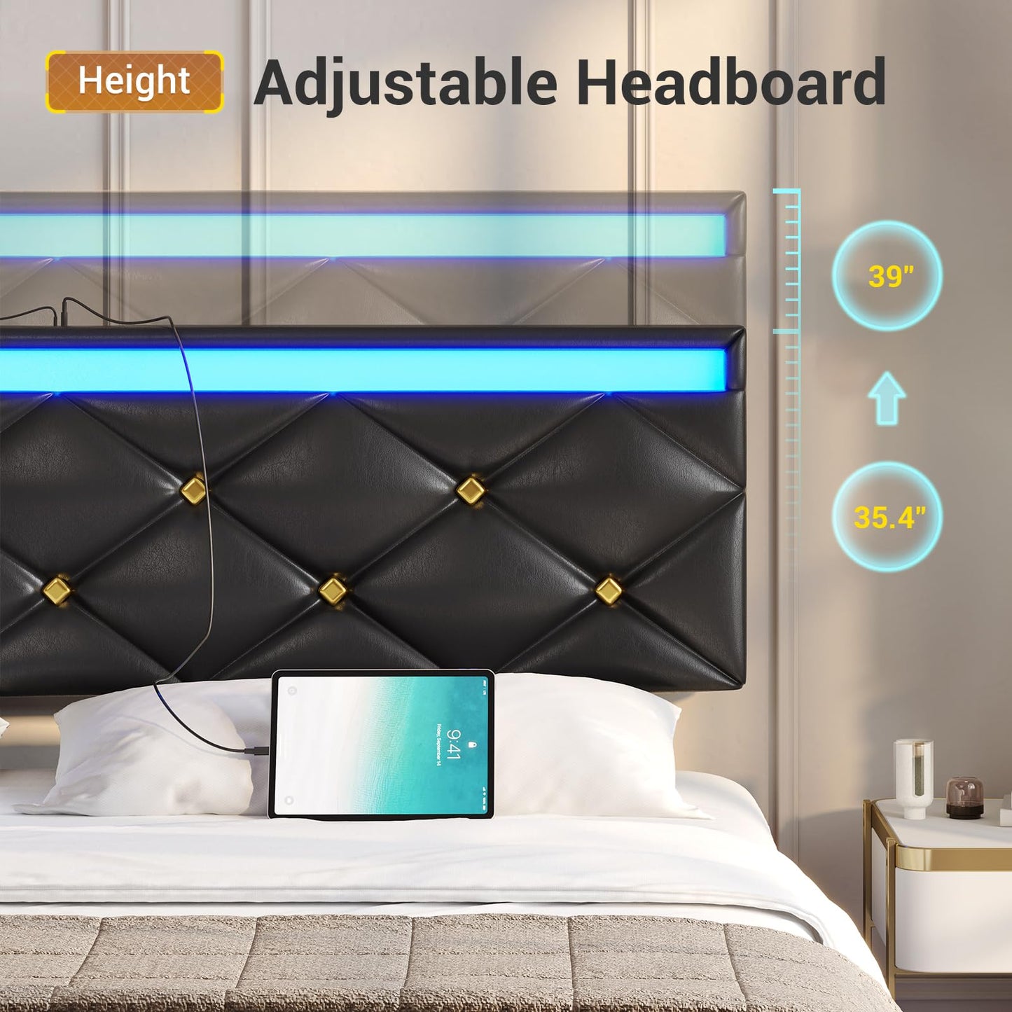 Hasuit | Floating Bed Frame Queen Size with LED Lights and Charging Station Modern Platform Bed with Vegan Leather Upholstered Headboard