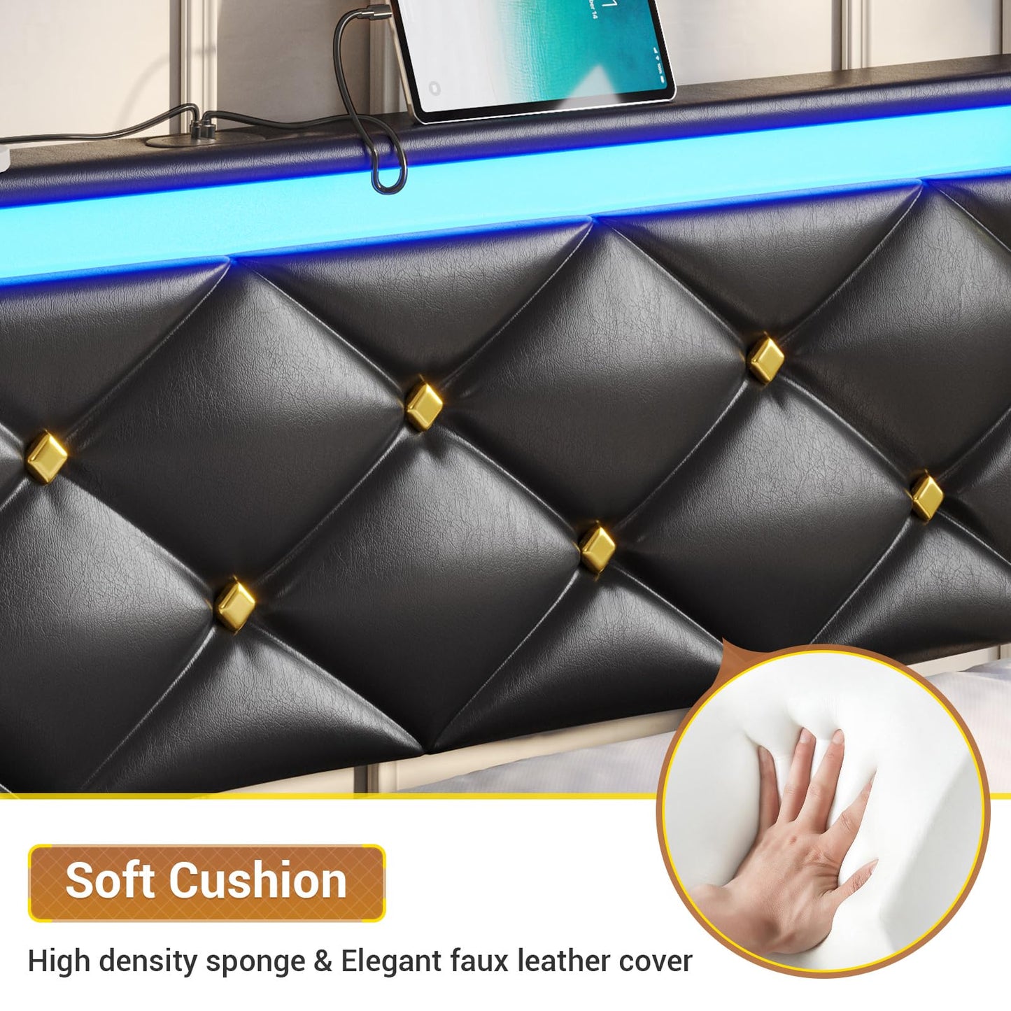 Hasuit | Floating Bed Frame Queen Size with LED Lights and Charging Station Modern Platform Bed with Vegan Leather Upholstered Headboard