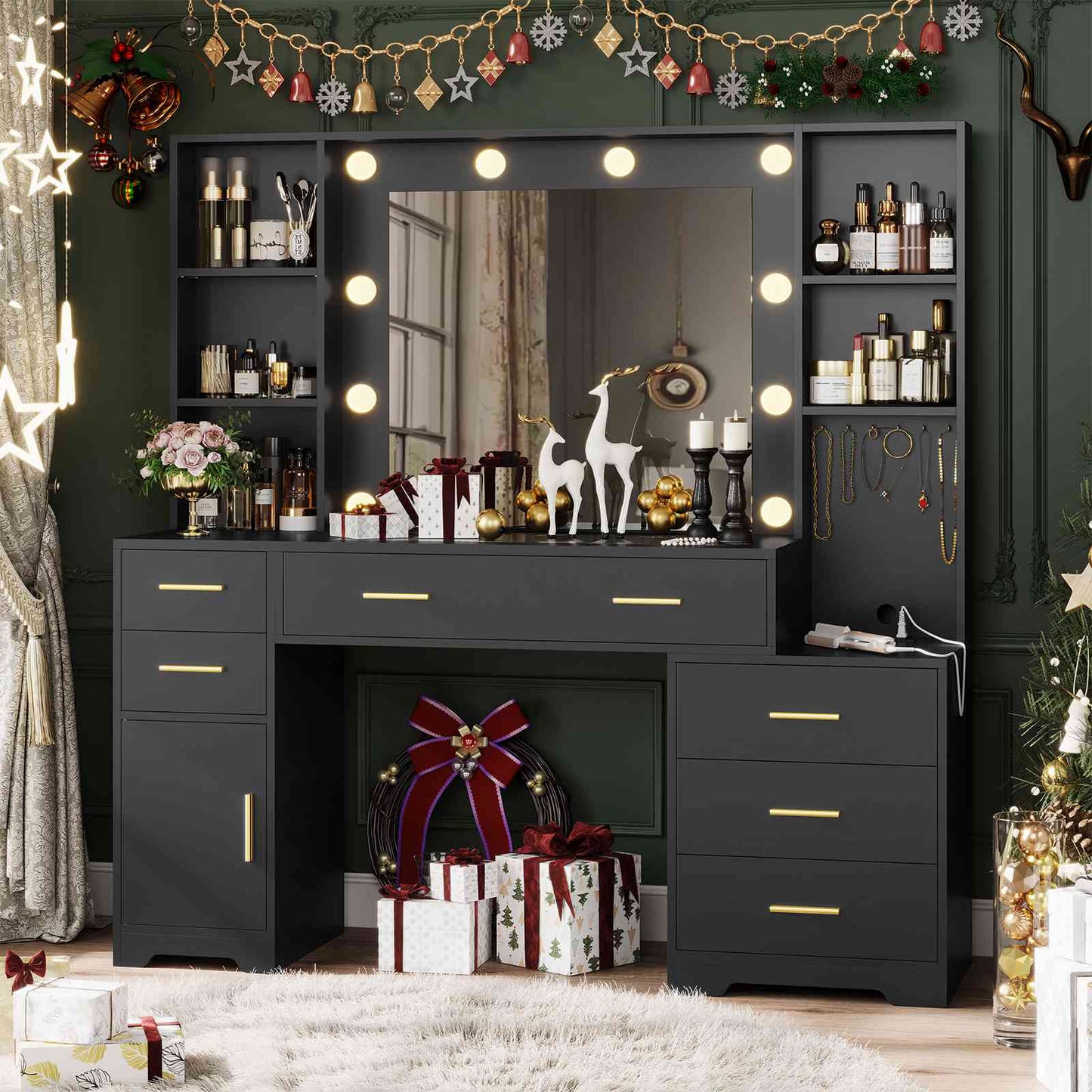 Hasuit | 48.8 Inch Large Vanity Desk with Lighted Mirror & Power Outlet White Makeup Vanity Table with 6 Drawers 4 Shelves and 1 Storage Cabinet