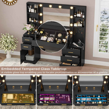 Hasuit | 48.8 Inch Large Vanity Desk with Lighted Mirror & Power Outlet White Makeup Vanity Table with 6 Drawers 4 Shelves and 1 Storage Cabinet