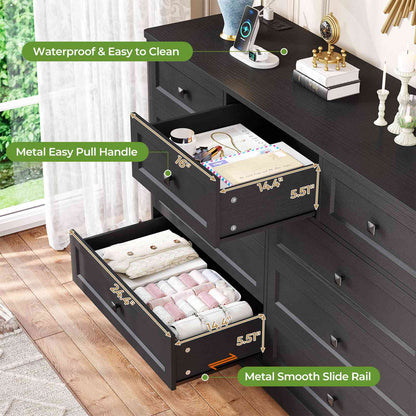 Hasuit | 51.2 Inch Dresser with 9 Drawers Large Farmhouse Drawer Dressers with Charging Station Wooden Storage Tower Organizer for Bedroom White