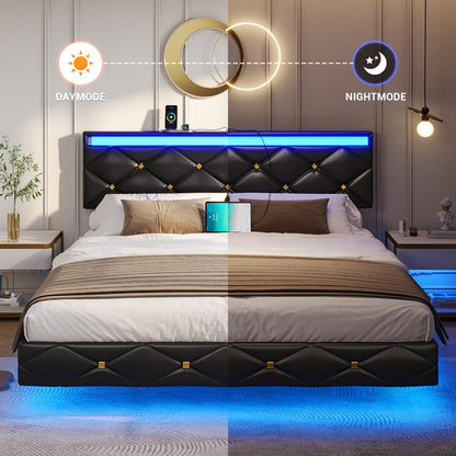 Hasuit | Floating Bed Frame Queen Size with LED Lights and Charging Station Modern Platform Bed with Vegan Leather Upholstered Headboard