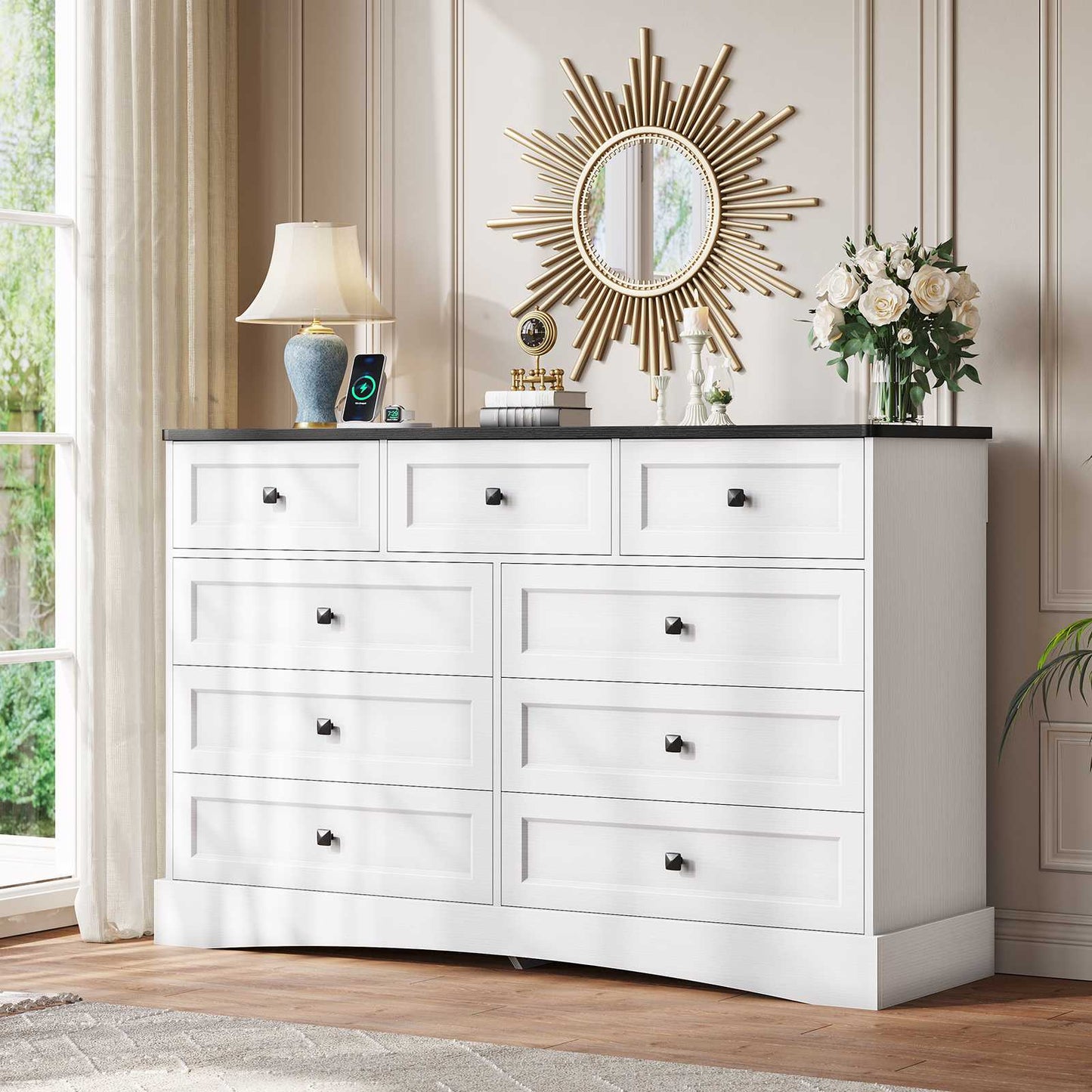 Hasuit | 51.2 Inch Dresser with 9 Drawers Large Farmhouse Drawer Dressers with Charging Station Wooden Storage Tower Organizer for Bedroom