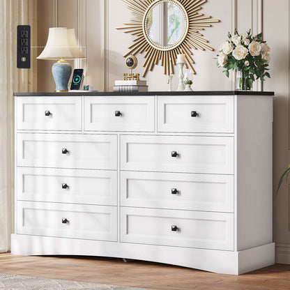 Hasuit | 51.2 Inch Dresser with 9 Drawers Large Farmhouse Drawer Dressers with Charging Station Wooden Storage Tower Organizer for Bedroom White