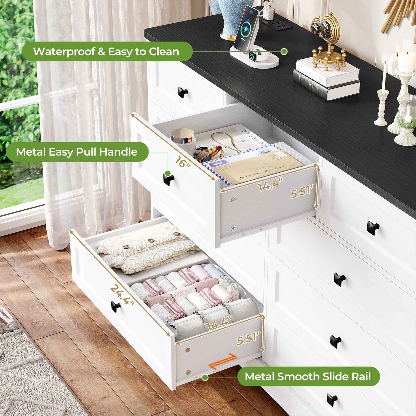 Hasuit | 51.2 Inch Dresser with 9 Drawers Large Farmhouse Drawer Dressers with Charging Station Wooden Storage Tower Organizer for Bedroom White