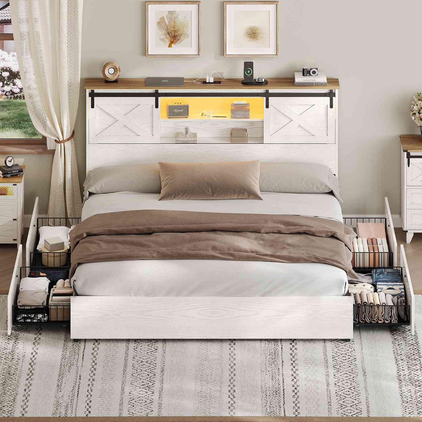 Hasuit | Farmhouse Bed Frame with 4 Storage Drawers Wooden Platform Rustic Beds with Charging Station and LED Lights