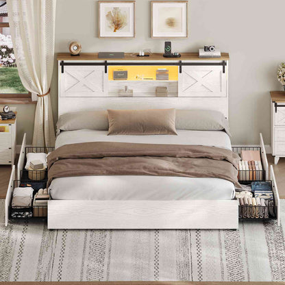 Hasuit | Farmhouse Bed Frame with 4 Storage Drawers Wooden Platform Rustic Beds with Charging Station and LED Lights