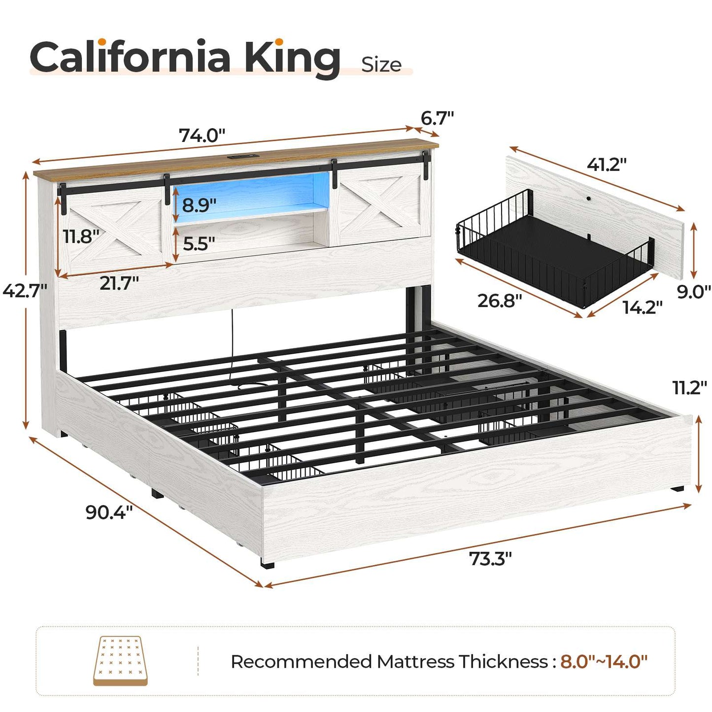 Hasuit | Farmhouse Bed Frame with 4 Storage Drawers Wooden Platform Rustic Beds with Charging Station and LED Lights