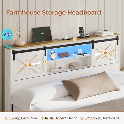 Hasuit | Farmhouse Bed Frame with 4 Storage Drawers Wooden Platform Rustic Beds with Charging Station and LED Lights