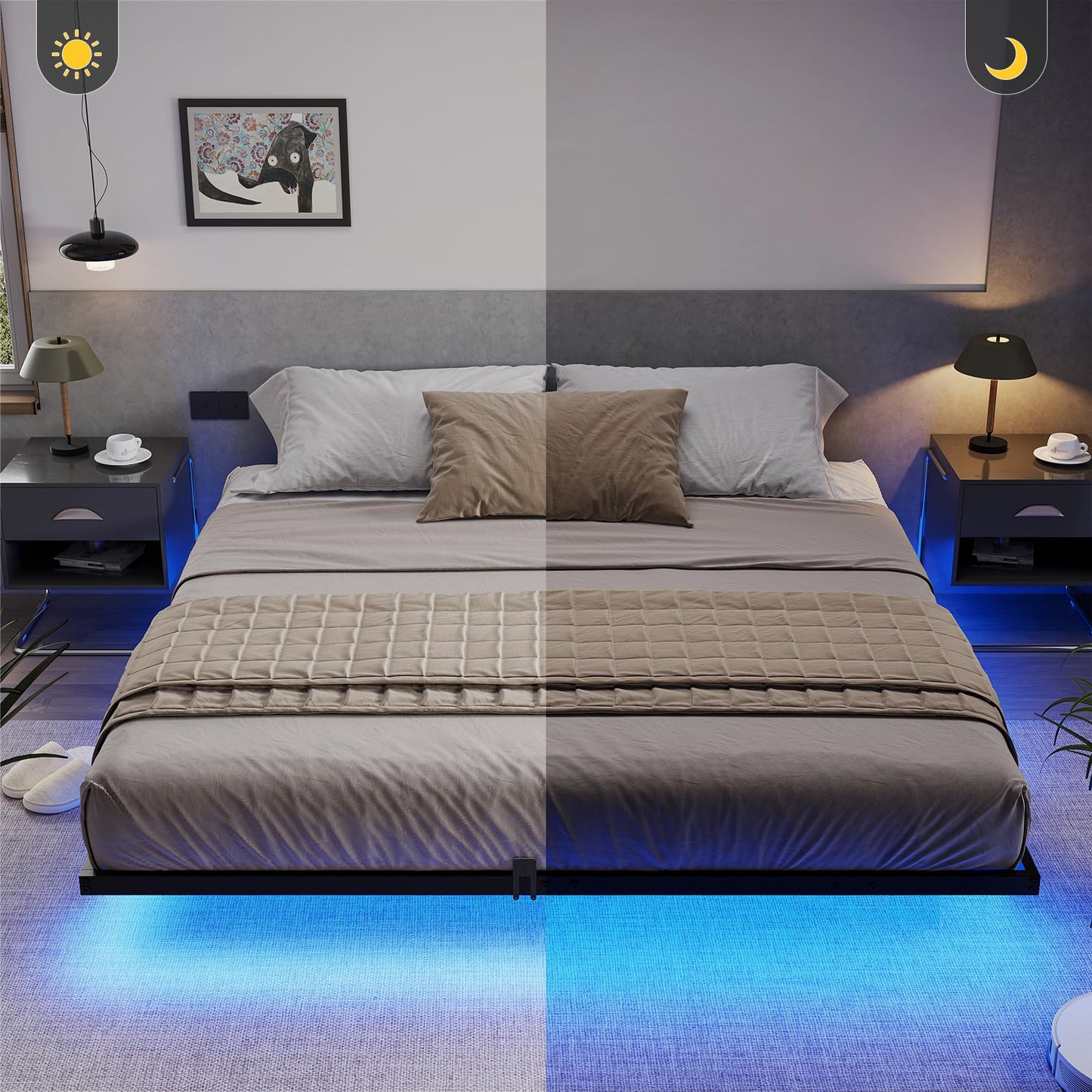 Hasuit | Floating Bed Frame with LED Lights Metal Platform Bed No Box Spring Needed Black Six Sizes